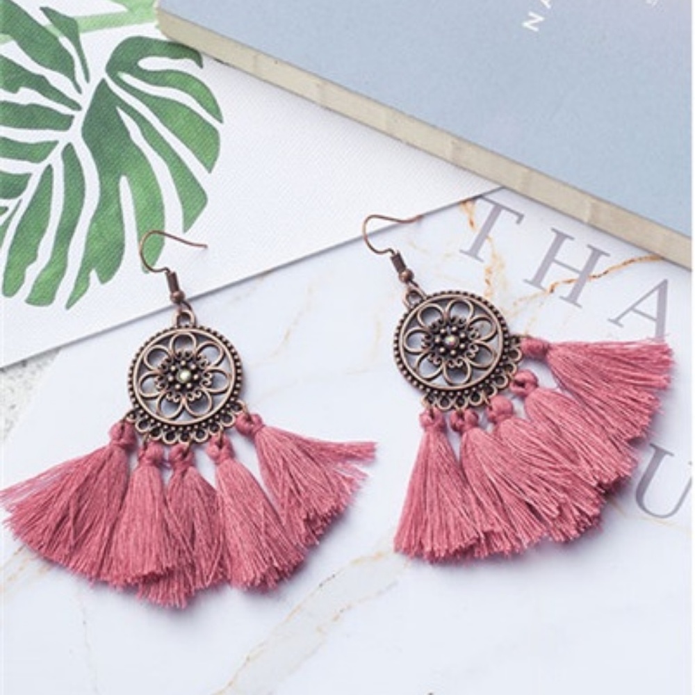 Boho round floral pink tassel earrings 1266